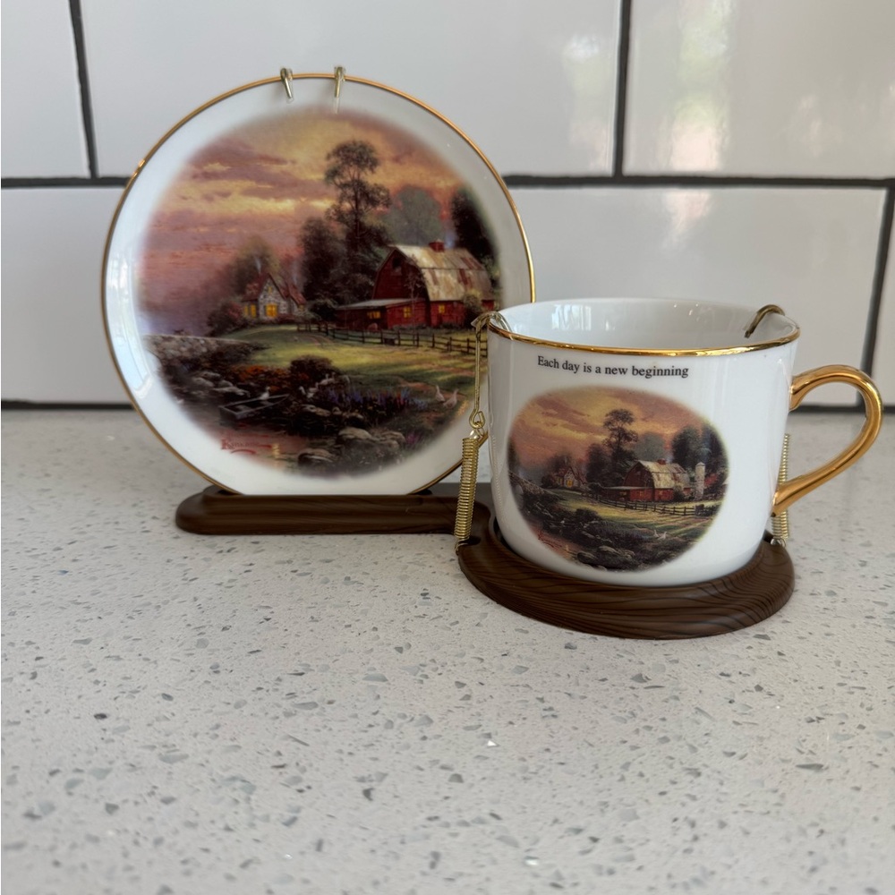 Thomas Kinkade Gold-Accented Farmhouse Mug and Plate